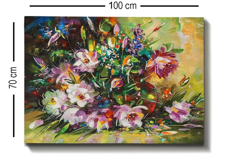 Canvas taulu 70x100 cm - Värikäs kimppu eri sävyisillä kukilla - Violetti / Vihreä / Vaaleanpunainen - Sisustustuotteet - Taulu & taide - Canvas-taulu