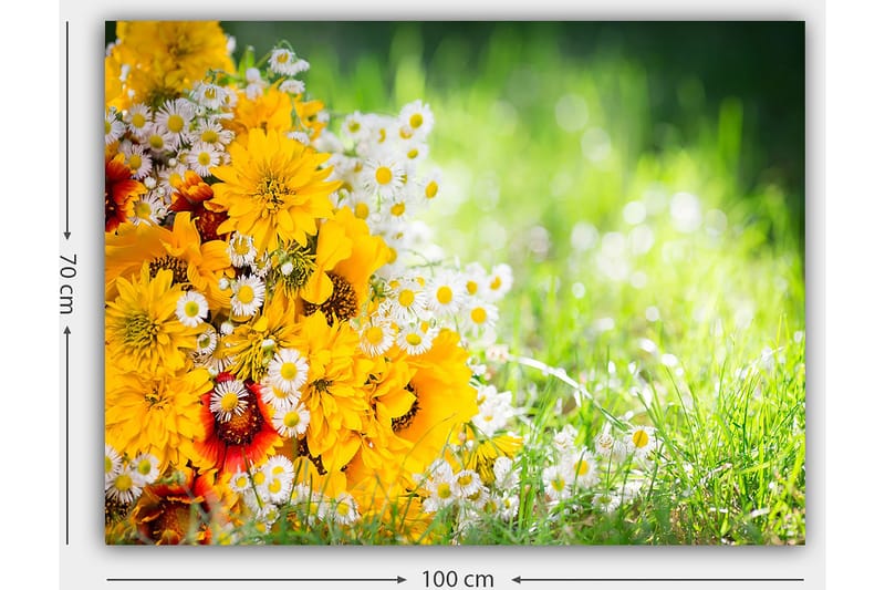 Canvas taulu 70x100 cm - Värikäs kimppu keltaisilla kukilla ja valkoisilla päivänkakkaroilla - Keltainen / Valkoinen / Oranssi - Sisustustuotteet - Taulu & taide - Canvas-taulu