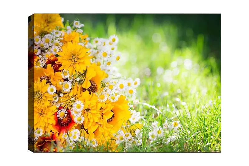 Canvas taulu 70x100 cm - Värikäs kimppu keltaisilla kukilla ja valkoisilla päivänkakkaroilla, Keltainen / Valkoinen / Oranssi