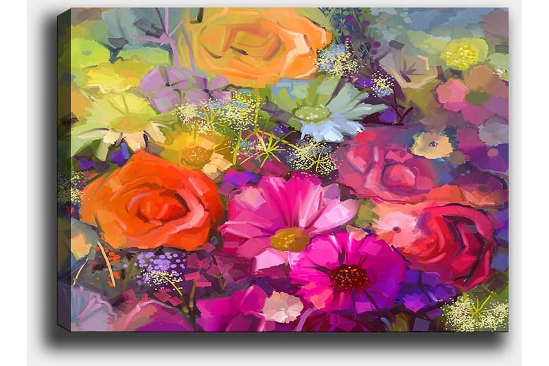 Canvas taulu 70x100 cm - Värikäs kimppu ruusuilla ja muilla kukilla eri sävyissä - Vaaleanpunainen / Oranssi / Violetti - Sisustustuotteet - Taulu & taide - Canvas-taulu