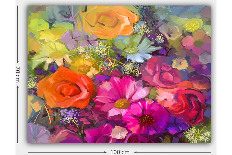 Canvas taulu 70x100 cm - Värikäs kimppu ruusuilla ja muilla kukilla eri sävyissä - Vaaleanpunainen / Oranssi / Violetti - Sisustustuotteet - Taulu & taide - Canvas-taulu