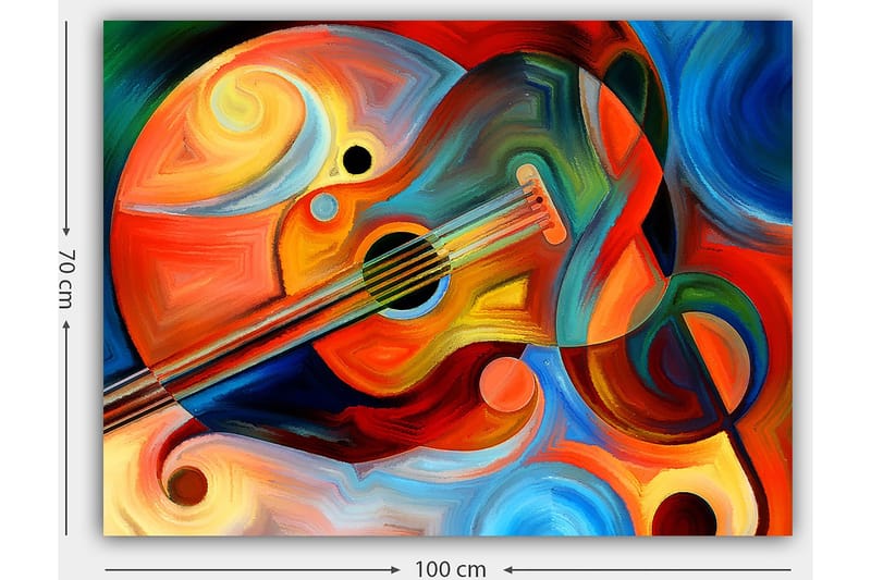 Canvas taulu 70x100 cm - Värikäs kitara abstraktien muotojen ja keinuvien linjojen ympäröimänä - Punainen / Oranssi / Sininen - Sisustustuotteet - Taulu & taide - Canvas-taulu