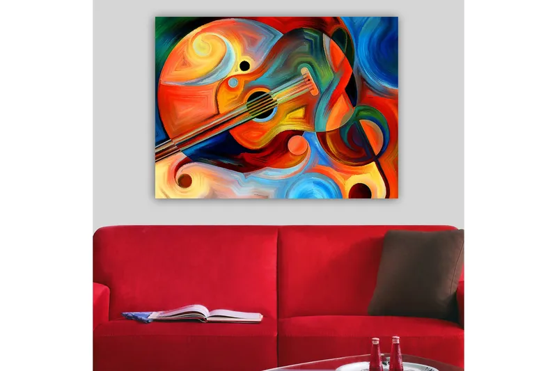 Canvas taulu 70x100 cm - Värikäs kitara abstraktien muotojen ja keinuvien linjojen ympäröimänä - Punainen / Oranssi / Sininen - Sisustustuotteet - Taulu & taide - Canvas-taulu