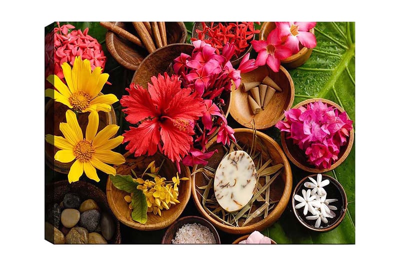 Canvas taulu 70x100 cm - Värikäs kokoelma kukkia ja luonnonelementtejä kulhoissa, Punainen / Keltainen / Vaaleanpunainen