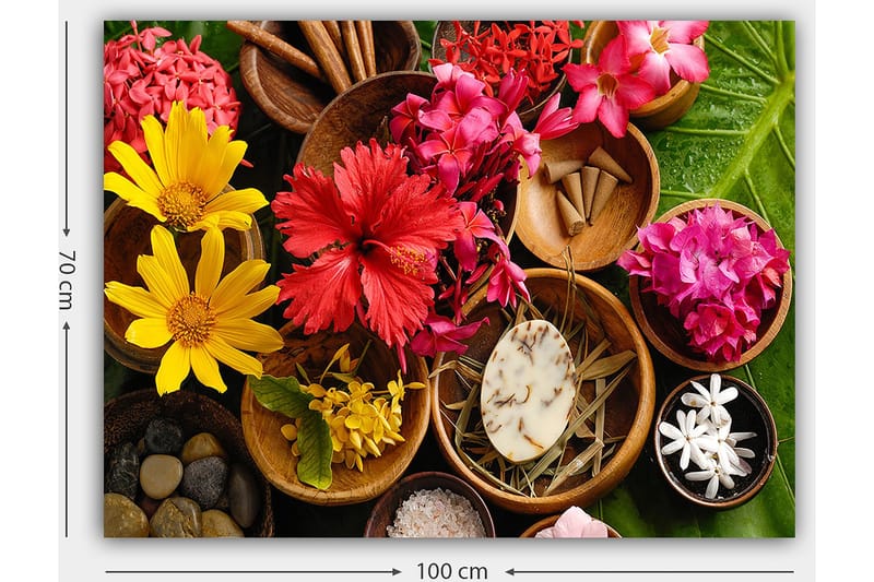 Canvas taulu 70x100 cm - Värikäs kokoelma kukkia ja luonnonelementtejä kulhoissa - Punainen / Keltainen / Vaaleanpunainen - Sisustustuotteet - Taulu & taide - Canvas-taulu