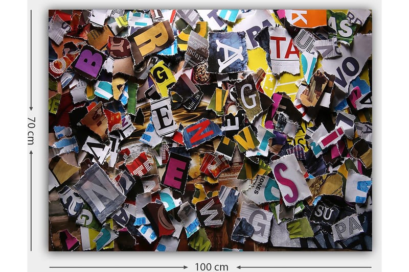 Canvas taulu 70x100 cm - Värikäs kokoelma leikattuja kirjaimia ja sanoja eri fonteilla ja kokoisina - Keltainen / Punainen / Sininen - Sisustustuotteet - Taulu & taide - Canvas-taulu