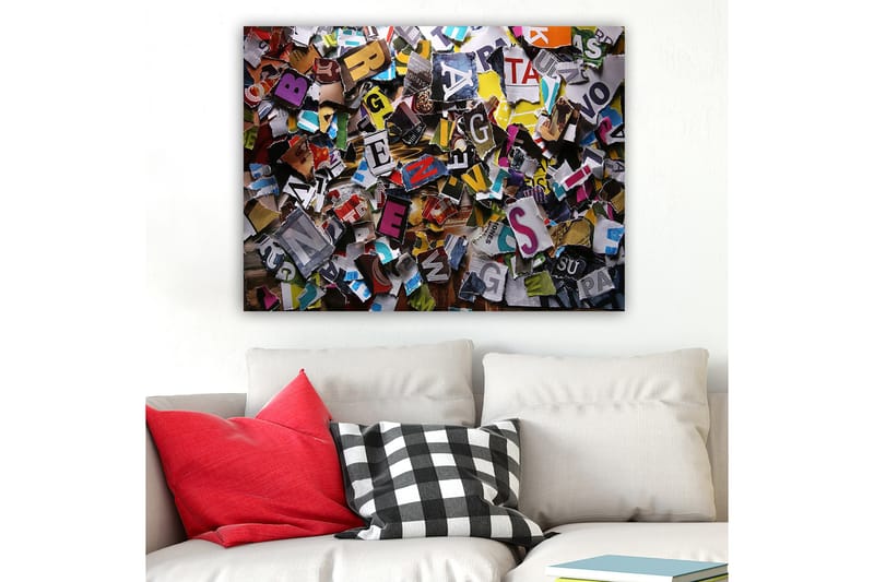 Canvas taulu 70x100 cm - Värikäs kokoelma leikattuja kirjaimia ja sanoja eri fonteilla ja kokoisina - Keltainen / Punainen / Sininen - Sisustustuotteet - Taulu & taide - Canvas-taulu