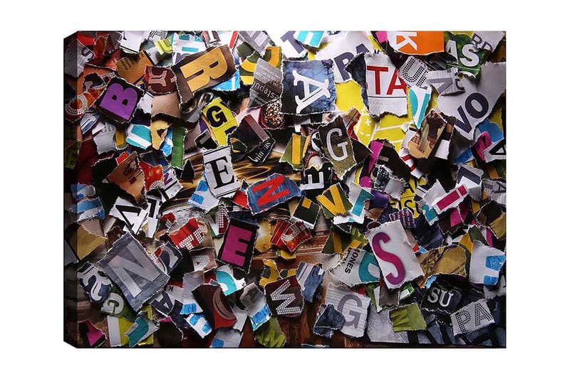 Canvas taulu 70x100 cm - Värikäs kokoelma leikattuja kirjaimia ja sanoja eri fonteilla ja kokoisina, Keltainen / Punainen / Sininen