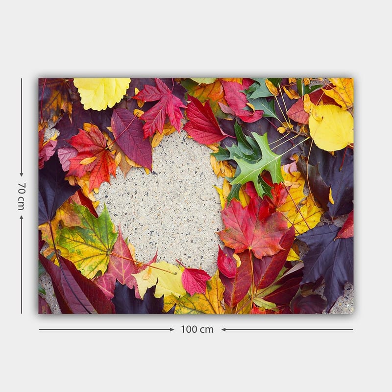 Canvas taulu 70x100 cm - Värikäs kokoelma syksyn lehtiä eri sävyissä harmaan pinnan ympärillä - Punainen / Keltainen / Vihreä - Sisustustuotteet - Taulu & taide - Canvas-taulu