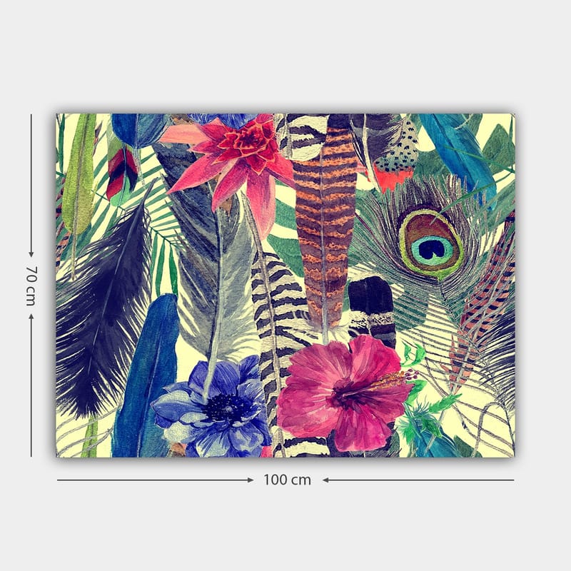 Canvas taulu 70x100 cm - Värikäs kokoelma trooppisia kukkia ja höyheniä - Vihreä / Vaaleanpunainen / Sininen - Sisustustuotteet - Taulu & taide - Canvas-taulu