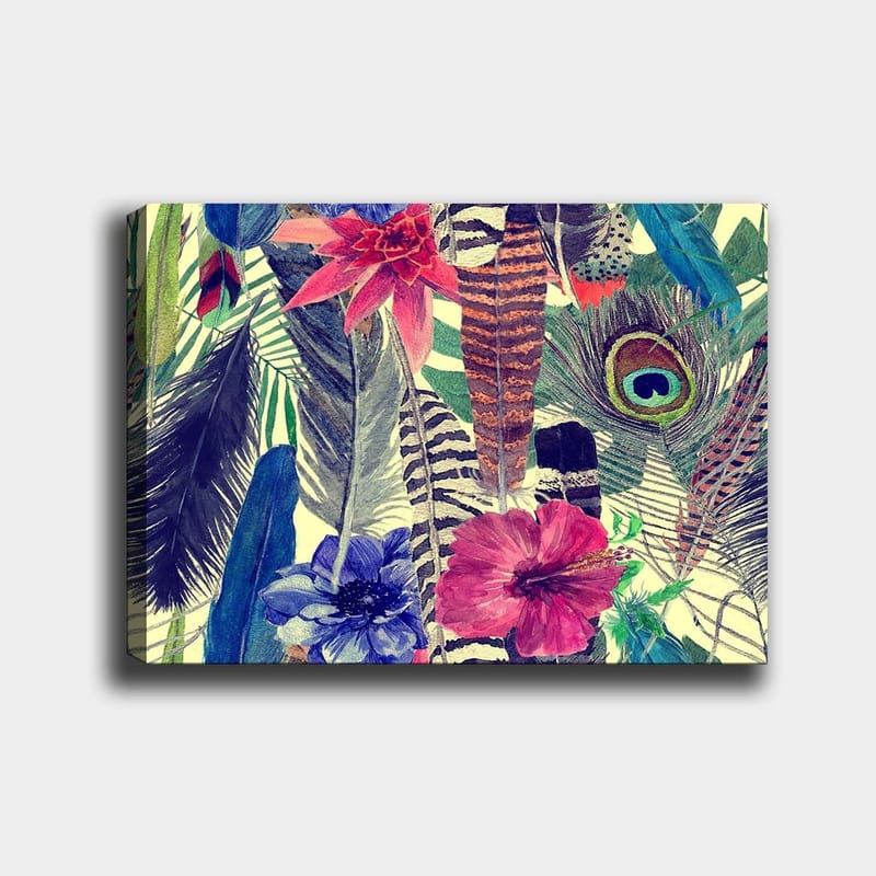 Canvas taulu 70x100 cm - Värikäs kokoelma trooppisia kukkia ja höyheniä, Vihreä / Vaaleanpunainen / Sininen