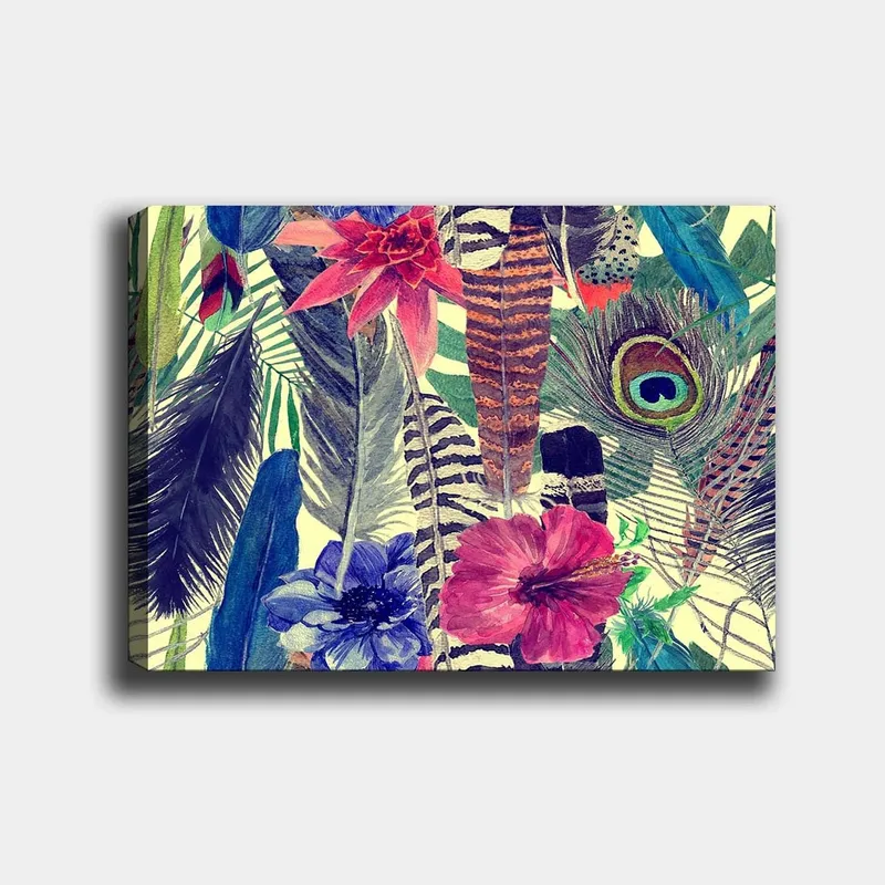 Canvas taulu 70x100 cm - Värikäs kokoelma trooppisia kukkia ja höyheniä, Vihreä / Vaaleanpunainen / Sininen