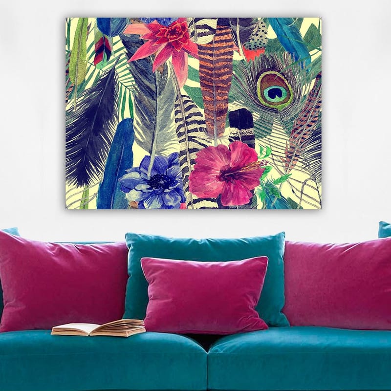 Canvas taulu 70x100 cm - Värikäs kokoelma trooppisia kukkia ja höyheniä - Vihreä / Vaaleanpunainen / Sininen - Sisustustuotteet - Taulu & taide - Canvas-taulu