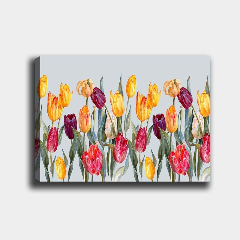 Canvas taulu 70x100 cm - Värikäs kokoelma tulppaaneja eri sävyissä, Keltainen / Punainen / Violetti