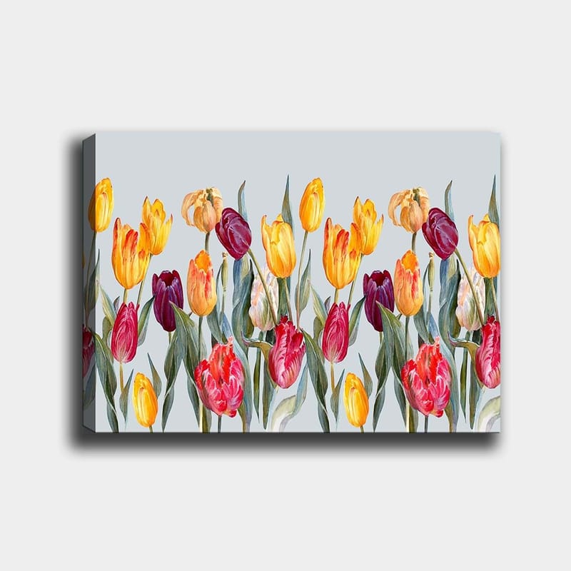 Canvas taulu 70x100 cm - Värikäs kokoelma tulppaaneja eri sävyissä, Keltainen / Punainen / Violetti