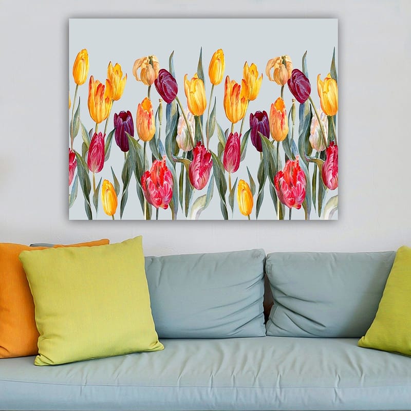 Canvas taulu 70x100 cm - Värikäs kokoelma tulppaaneja eri sävyissä - Keltainen / Punainen / Violetti - Sisustustuotteet - Taulu & taide - Canvas-taulu