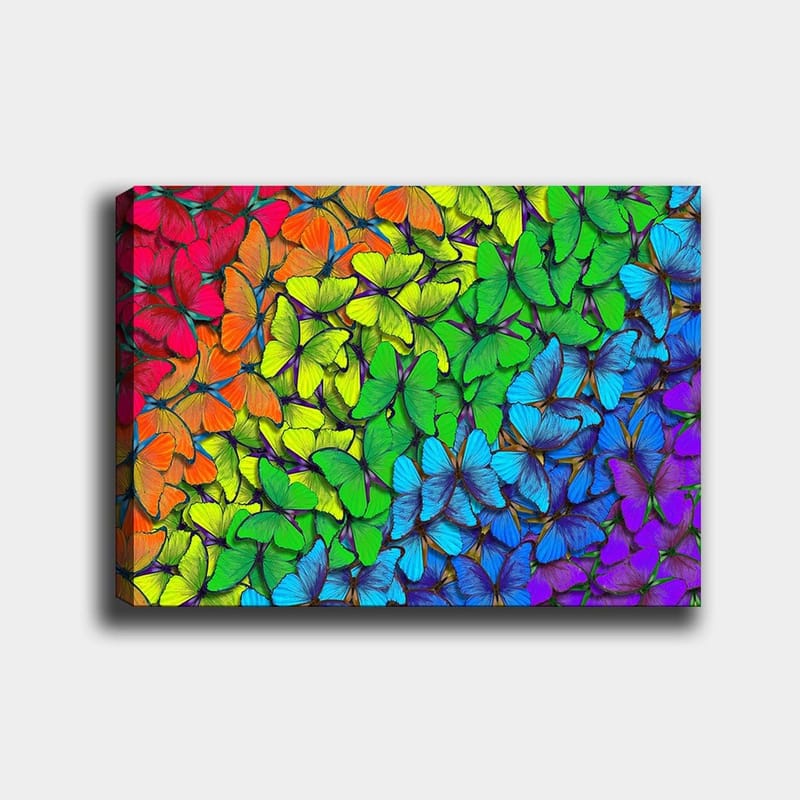 Canvas taulu 70x100 cm - Värikäs kokoelma perhosia eri sävyissä, jotka luovat eloisan ja harmonisen sommitelman, Vihreä / Sininen / Oranssi