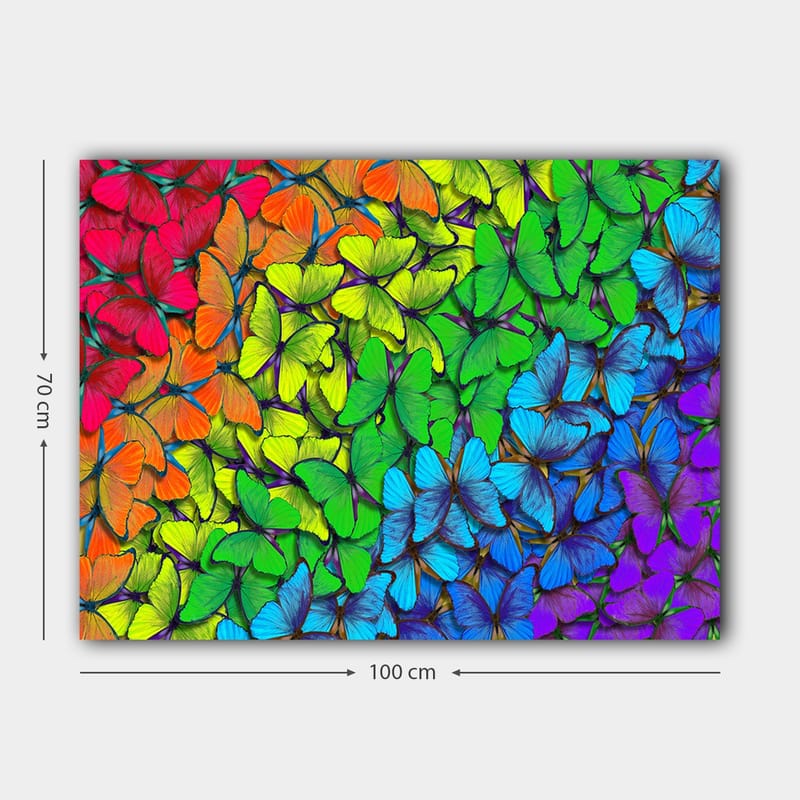 Canvas taulu 70x100 cm - Värikäs kokoelma perhosia eri sävyissä, jotka luovat eloisan ja harmonisen sommitelman - Vihreä / Sininen / Oranssi - Sisustustuotteet - Taulu & taide - Canvas-taulu