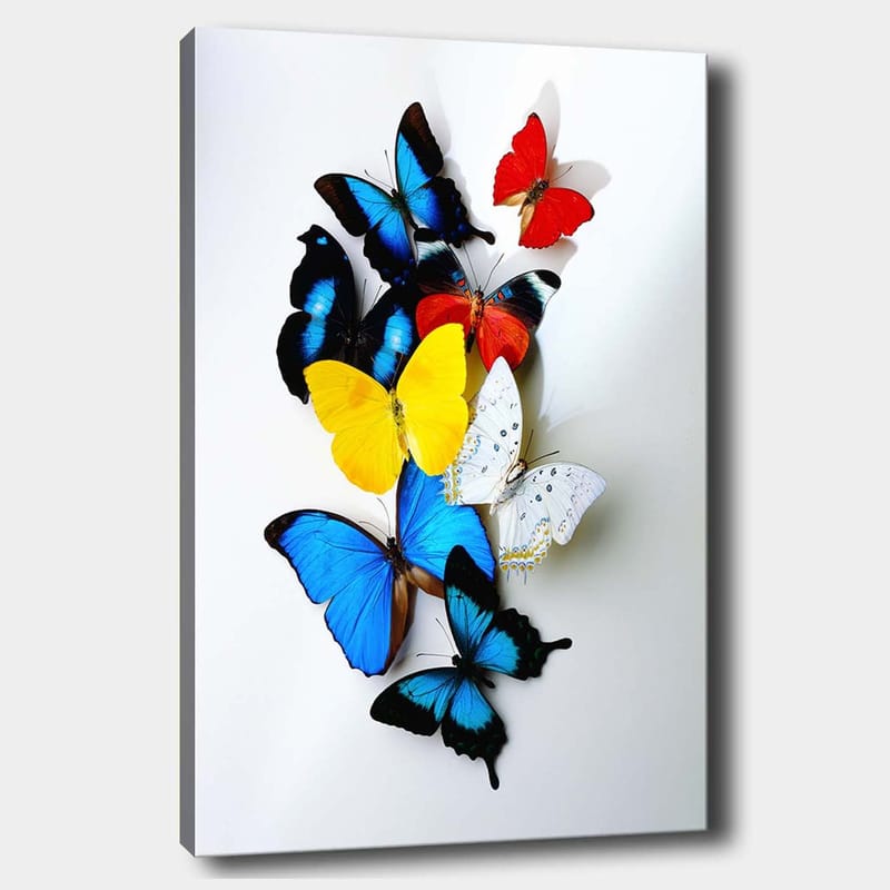 Canvas taulu 70x100 cm - Värikäs kokoelma perhosia eri sävyissä, jotka luovat eloisan ja dynaamisen sommitelman, Sininen / Keltainen / Punainen