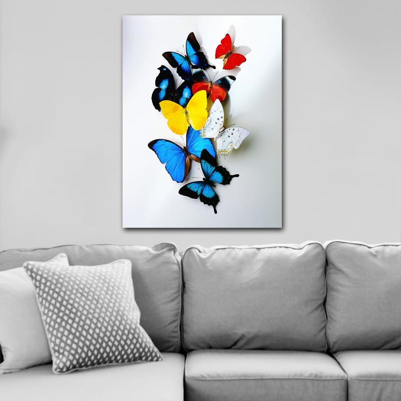 Canvas taulu 70x100 cm - Värikäs kokoelma perhosia eri sävyissä, jotka luovat eloisan ja dynaamisen sommitelman - Sininen / Keltainen / Punainen - Sisustustuotteet - Taulu & taide - Canvas-taulu