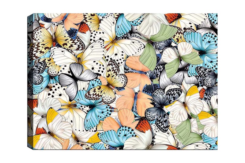 Canvas taulu 70x100 cm - Värikäs kokoelma perhosia eri kuvioissa ja väreissä, Sininen / Valkoinen / Oranssi
