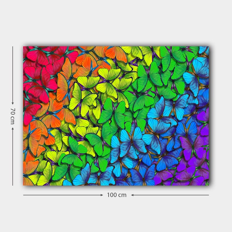 Canvas taulu 70x100 cm - Värikäs kokoelma perhosia eri sävyissä, jotka luovat eloisan ja harmonisen sommitelman - Vihreä / Sininen / Oranssi - Sisustustuotteet - Taulu & taide - Canvas-taulu
