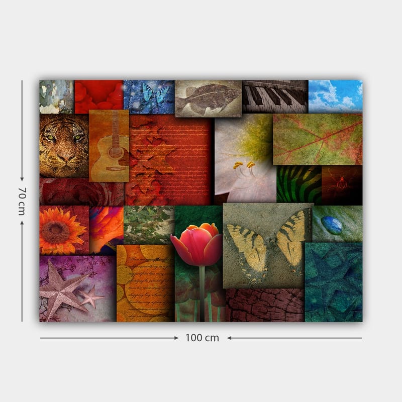 Canvas taulu 70x100 cm - Värikäs kollaasi erilaisista aiheista, kuten kukista, eläimistä ja abstrakteista kuvioista - Punainen / Oranssi / Vihreä - Sisustustuotteet - Taulu & taide - Canvas-taulu
