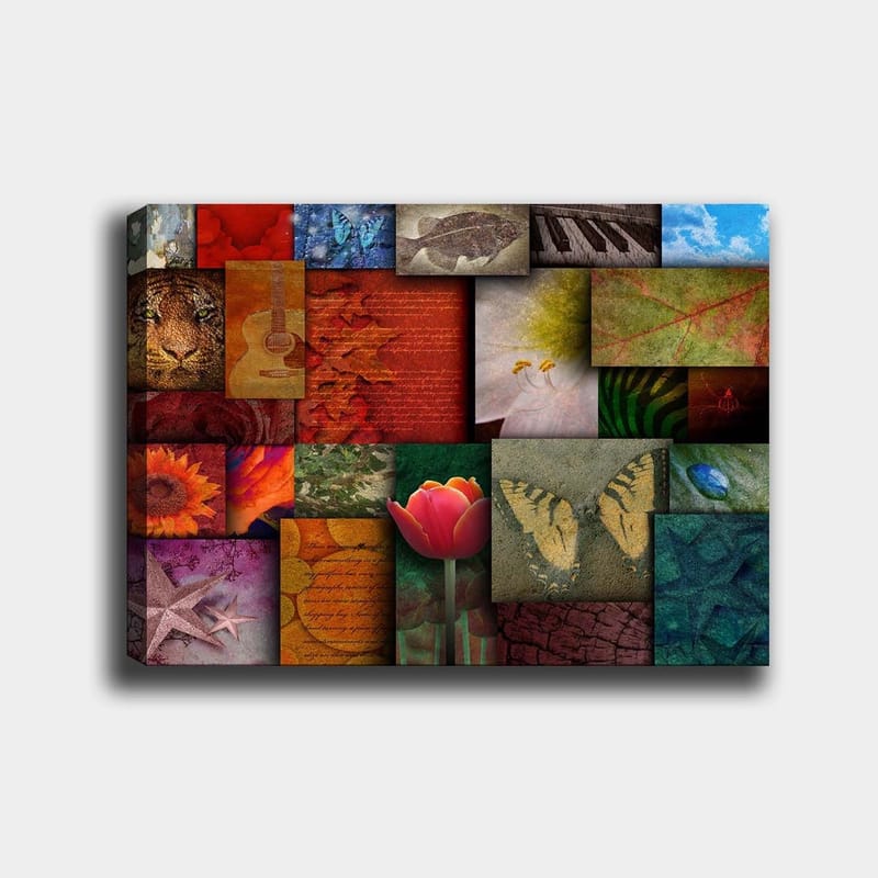 Canvas taulu 70x100 cm - Värikäs kollaasi erilaisista aiheista, kuten kukista, eläimistä ja abstrakteista kuvioista - Punainen / Oranssi / Vihreä - Sisustustuotteet - Taulu & taide - Canvas-taulu