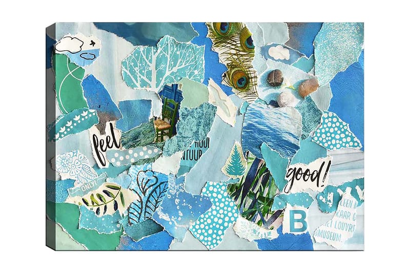 Canvas taulu 70x100 cm - Värikäs kollaasi luonnon elementeillä ja positiivisilla viesteillä, Sininen / Vihreä / Turkoosi