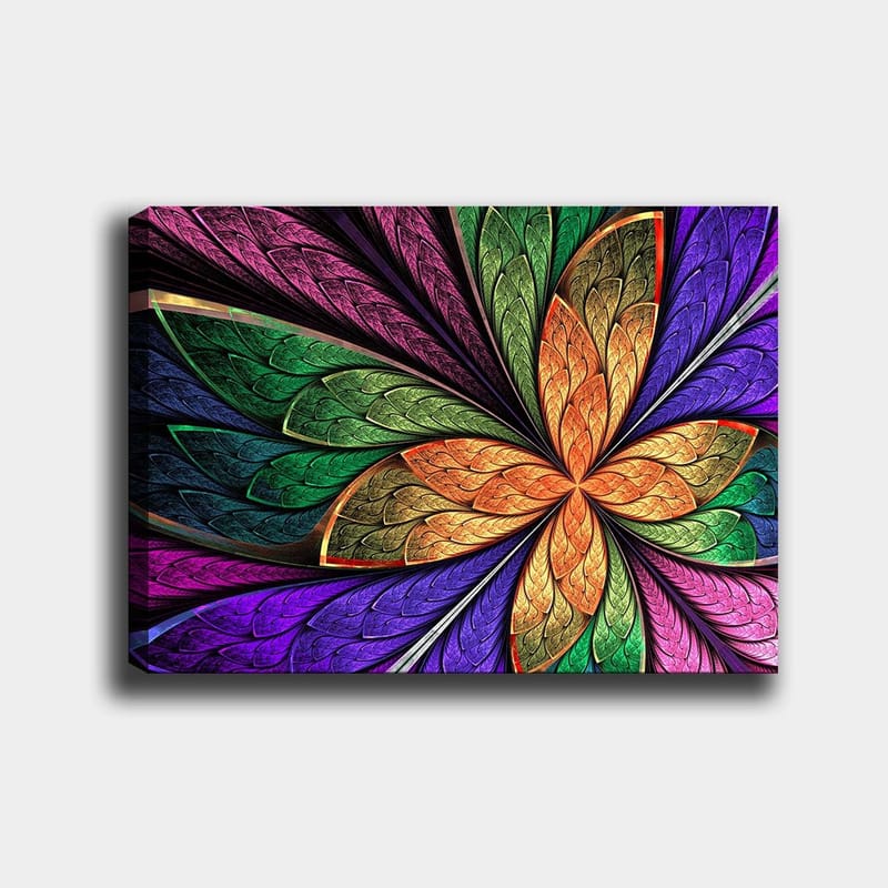 Canvas taulu 70x100 cm - Värikäs kukka yksityiskohtaisilla lehdillä eri sävyissä, Vihreä / Oranssi / Violetti