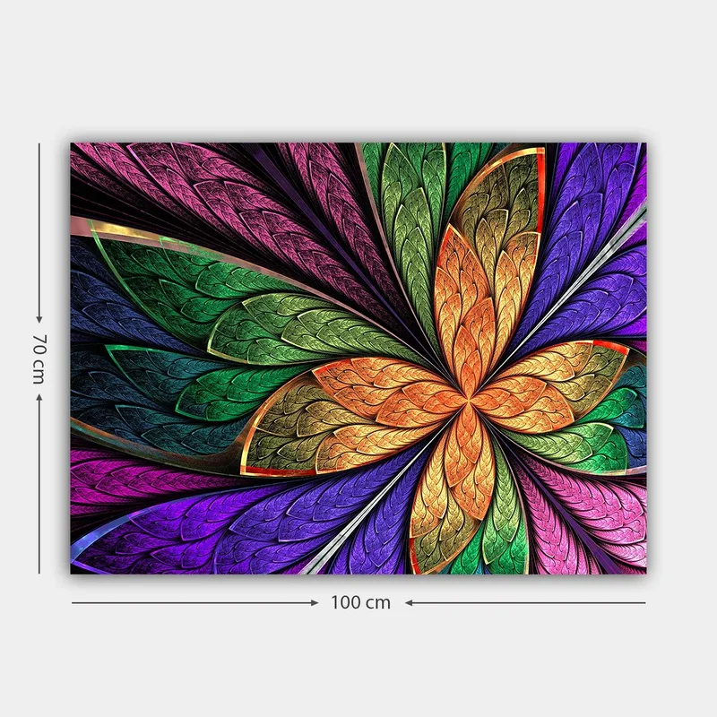 Canvas taulu 70x100 cm - Värikäs kukka yksityiskohtaisilla lehdillä eri sävyissä - Vihreä / Oranssi / Violetti - Sisustustuotteet - Taulu & taide - Canvas-taulu