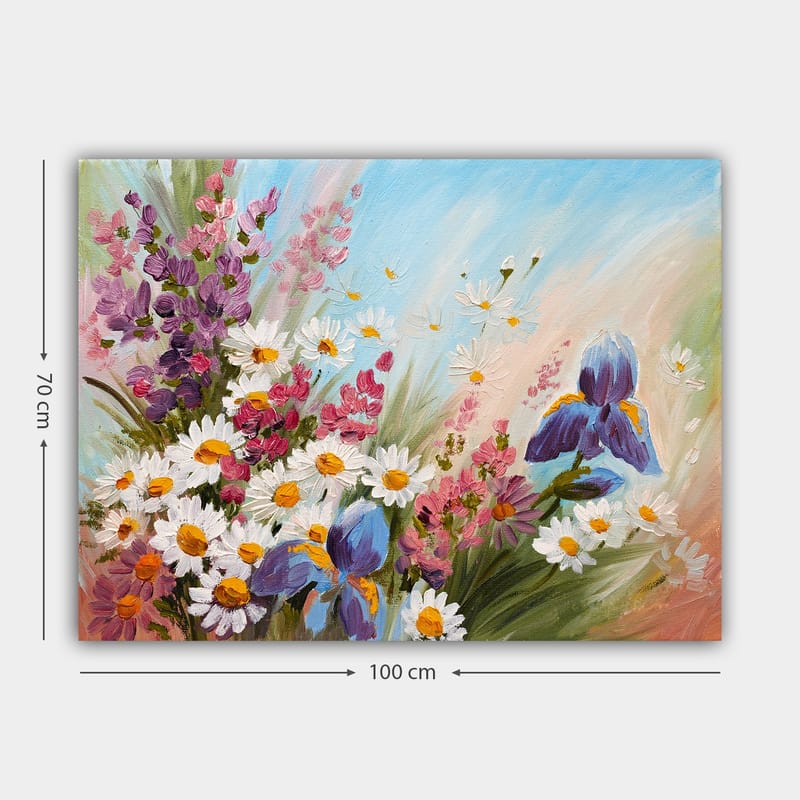 Canvas taulu 70x100 cm - Värikäs kukkakimppu, jossa on iiriksiä ja päivänkakkaroita, vangitsee eloisan kesäisen tunnelman - Violetti / Valkoinen / Vihreä - Sisustustuotteet - Taulu & taide - Canvas-taulu