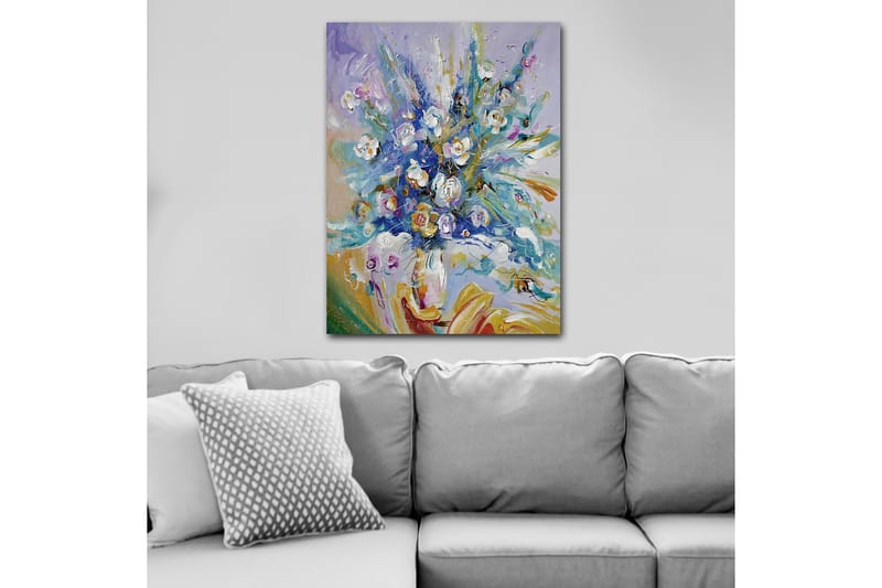 Canvas taulu 70x100 cm - Värikäs kukkakimppu dynaamisella sommittelulla, Sininen / Vihreä / Valkoinen
