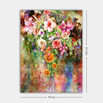 Canvas taulu 70x100 cm - Värikäs kukkakimppu eri lajikkeilla ja sävyillä - Vaaleanpunainen / Vihreä / Oranssi - Sisustustuotteet - Taulu & taide - Canvas-taulu