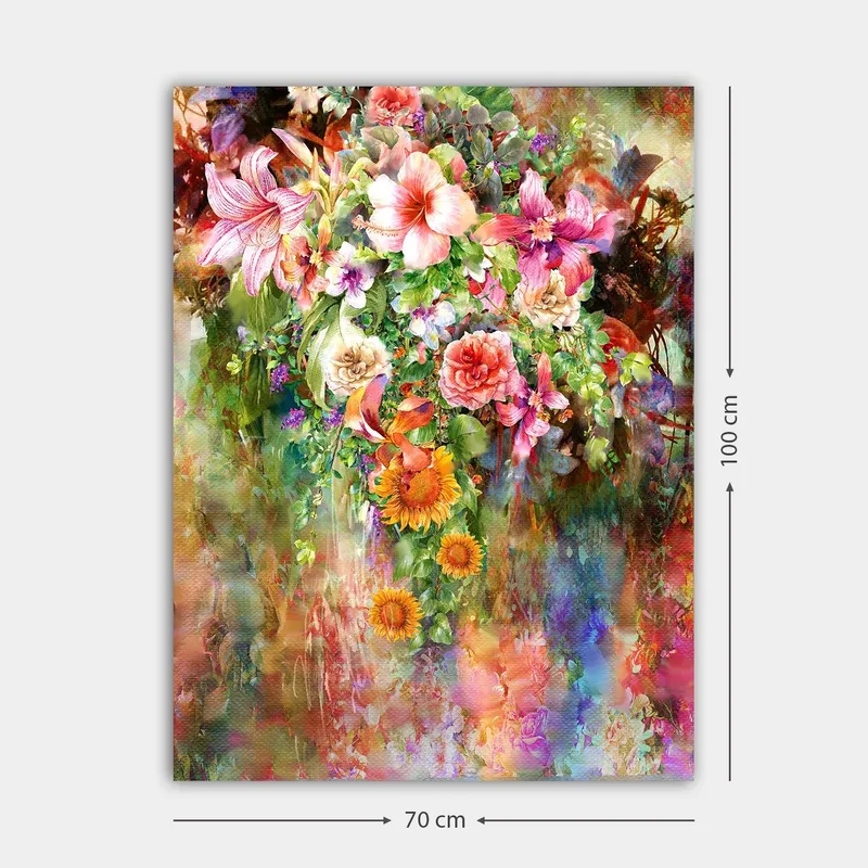 Canvas taulu 70x100 cm - Värikäs kukkakimppu eri lajikkeilla ja sävyillä - Vaaleanpunainen / Vihreä / Oranssi - Sisustustuotteet - Taulu & taide - Canvas-taulu
