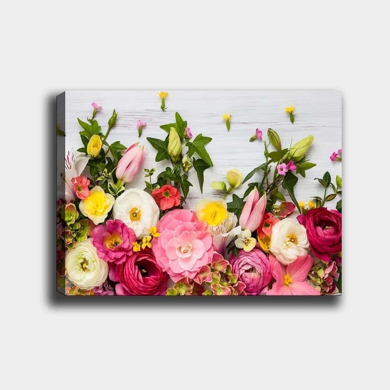 Canvas taulu 70x100 cm - Värikäs kukkakimppu eri muodoissa ja sävyissä, Vaaleanpunainen / Valkoinen / Keltainen