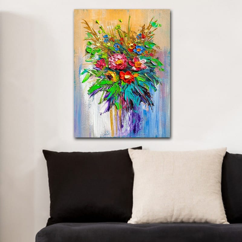 Canvas taulu 70x100 cm - Värikäs kukkakimppu eri muodoissa ja sävyissä - Vihreä / Punainen / Violetti - Sisustustuotteet - Taulu & taide - Canvas-taulu