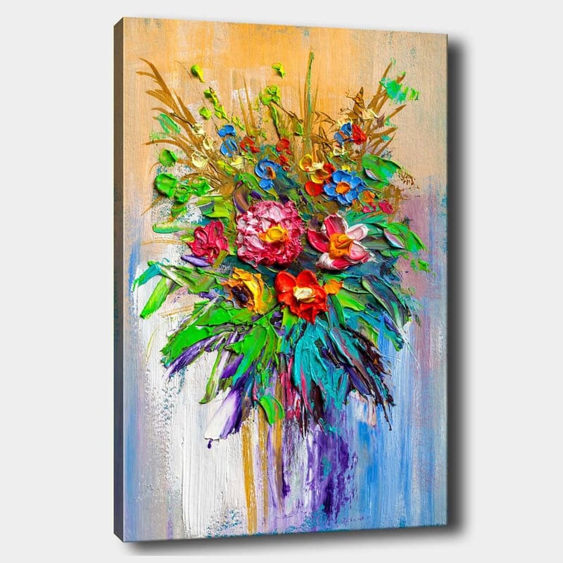 Canvas taulu 70x100 cm - Värikäs kukkakimppu eri muodoissa ja sävyissä, Vihreä / Punainen / Violetti
