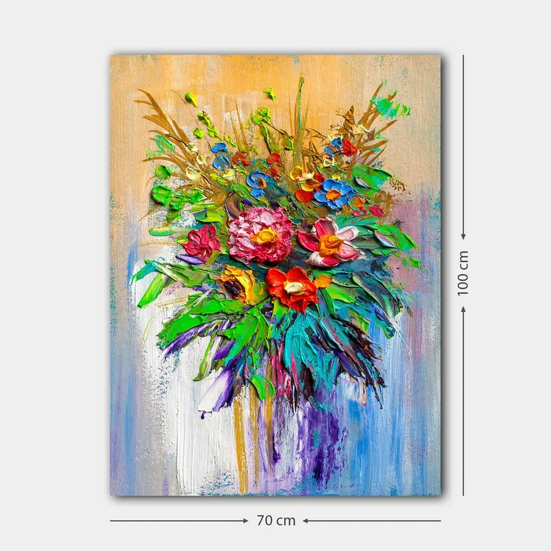 Canvas taulu 70x100 cm - Värikäs kukkakimppu eri muodoissa ja sävyissä - Vihreä / Punainen / Violetti - Sisustustuotteet - Taulu & taide - Canvas-taulu