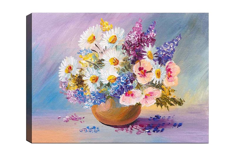 Canvas taulu 70x100 cm - Värikäs kukkakimppu keraamisessa kulhossa, Valkoinen / Violetti / Vaaleanpunainen