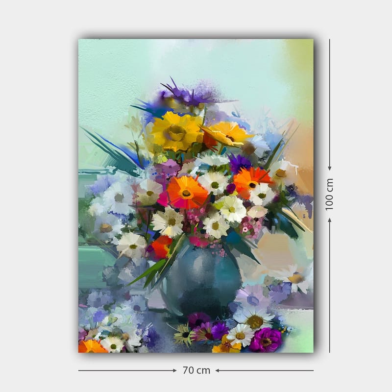 Canvas taulu 70x100 cm - Värikäs kukkakimppu maljakossa - Keltainen / Oranssi / Violetti - Sisustustuotteet - Taulu & taide - Canvas-taulu