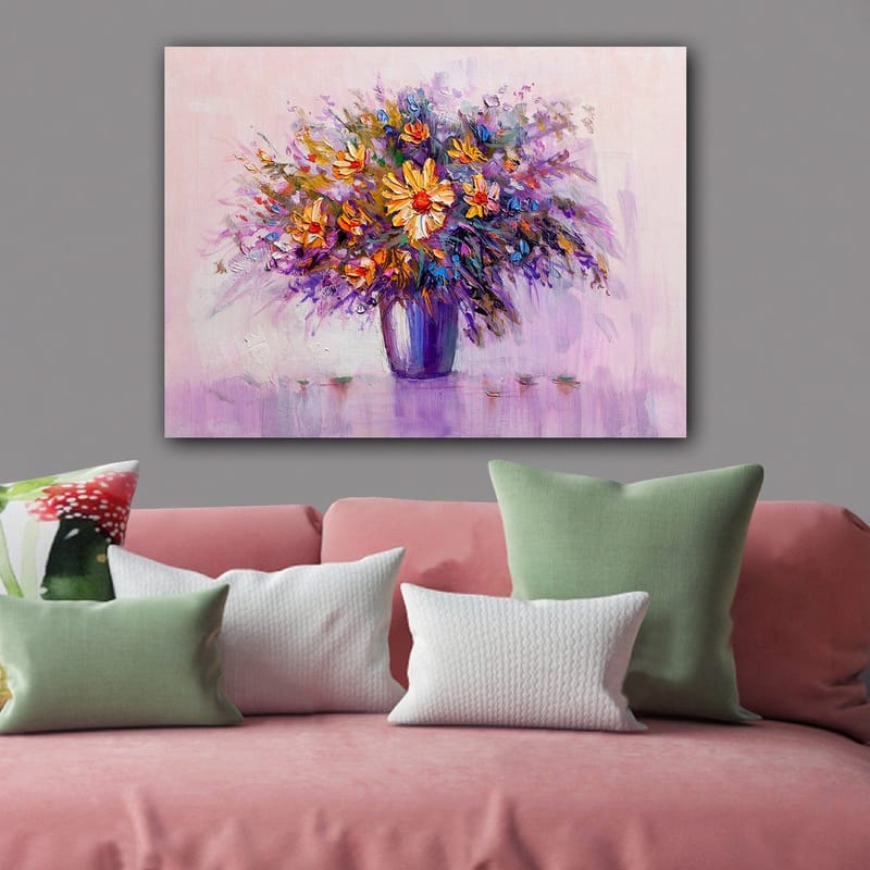 Canvas taulu 70x100 cm - Värikäs kukkakimppu maljakossa - Violetti / Oranssi / Keltainen - Sisustustuotteet - Taulu & taide - Canvas-taulu