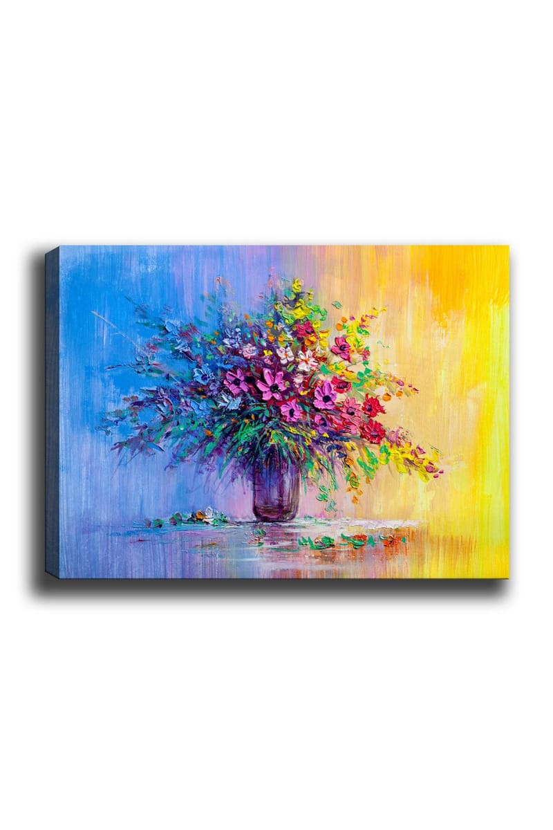 Canvas taulu 70x100 cm - Värikäs kukkakimppu maljakossa, Violetti / Vihreä / Keltainen
