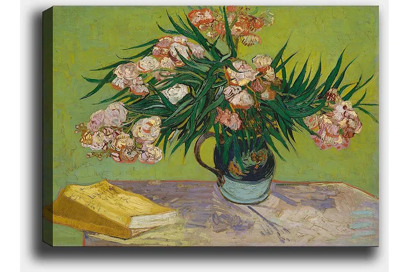 Canvas taulu 70x100 cm - Värikäs kukkakimppu maljakossa pöydällä - Vihreä / Vaaleanpunainen / Keltainen - Sisustustuotteet - Taulu & taide - Canvas-taulu