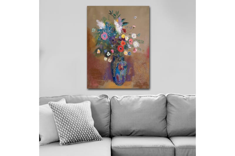 Canvas taulu 70x100 cm - Värikäs kukkakimppu sinisessä maljakossa, Sininen / Vaaleanpunainen / Vihreä