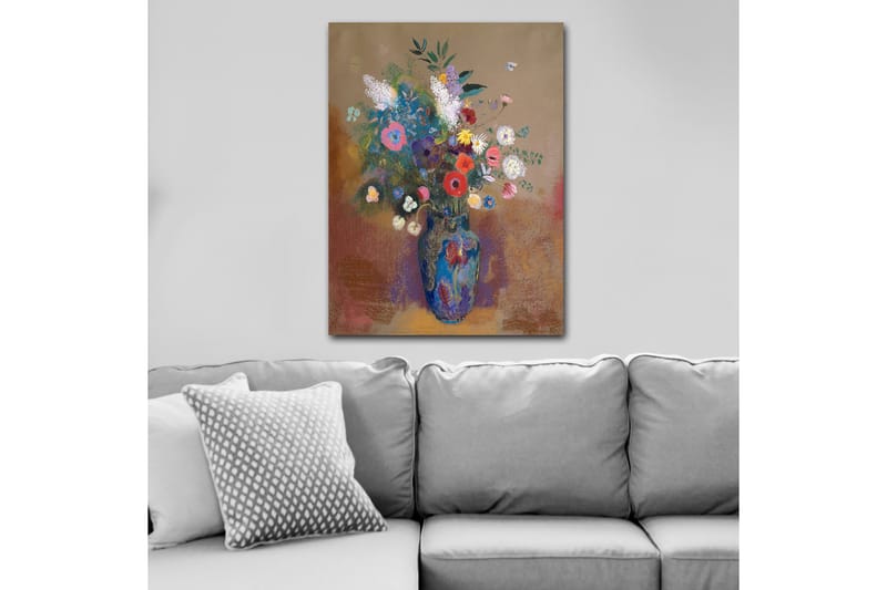 Canvas taulu 70x100 cm - Värikäs kukkakimppu sinisessä maljakossa, Sininen / Vaaleanpunainen / Vihreä