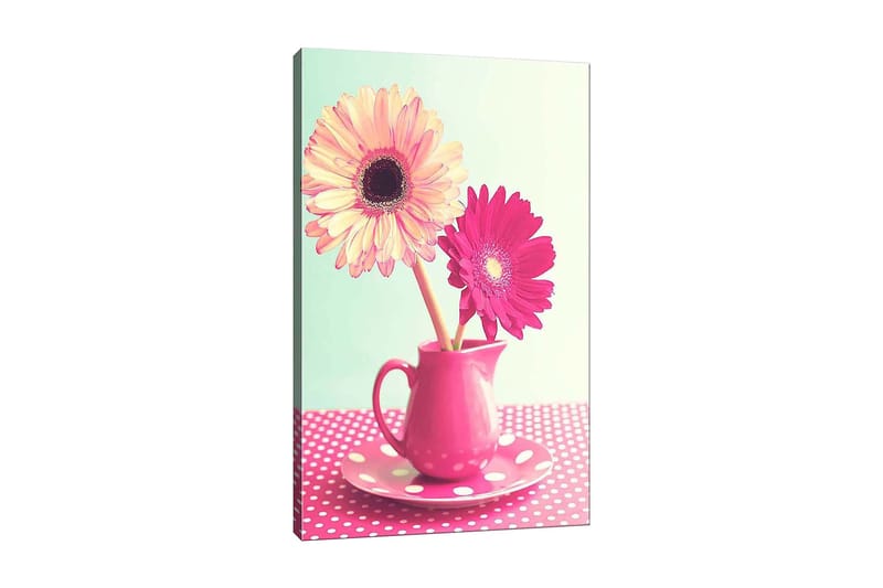 Canvas taulu 70x100 cm - Värikäs kukkakimppu vaaleanpunaisessa kannusta, Vaaleanpunainen / Keltainen / Vihreä