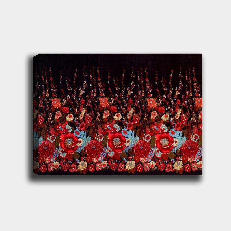 Canvas taulu 70x100 cm - Värikäs kukkakuviosommitelma, jossa punaisia ja sinisiä kukkia luo eloisan tunnelman, Punainen / Sininen / Vihreä