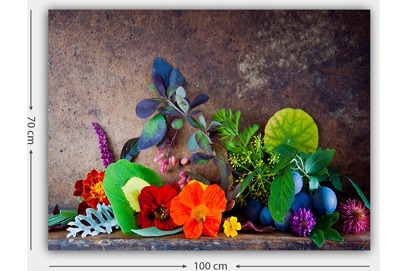 Canvas taulu 70x100 cm - Värikäs kukkien ja vihreiden lehtien sommitelma - Punainen / Vihreä / Violetti - Sisustustuotteet - Taulu & taide - Canvas-taulu