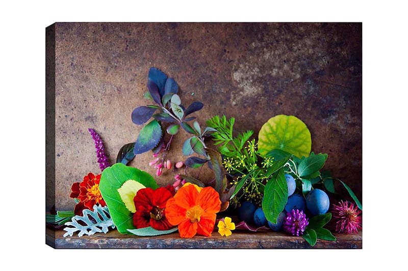 Canvas taulu 70x100 cm - Värikäs kukkien ja vihreiden lehtien sommitelma, Punainen / Vihreä / Violetti